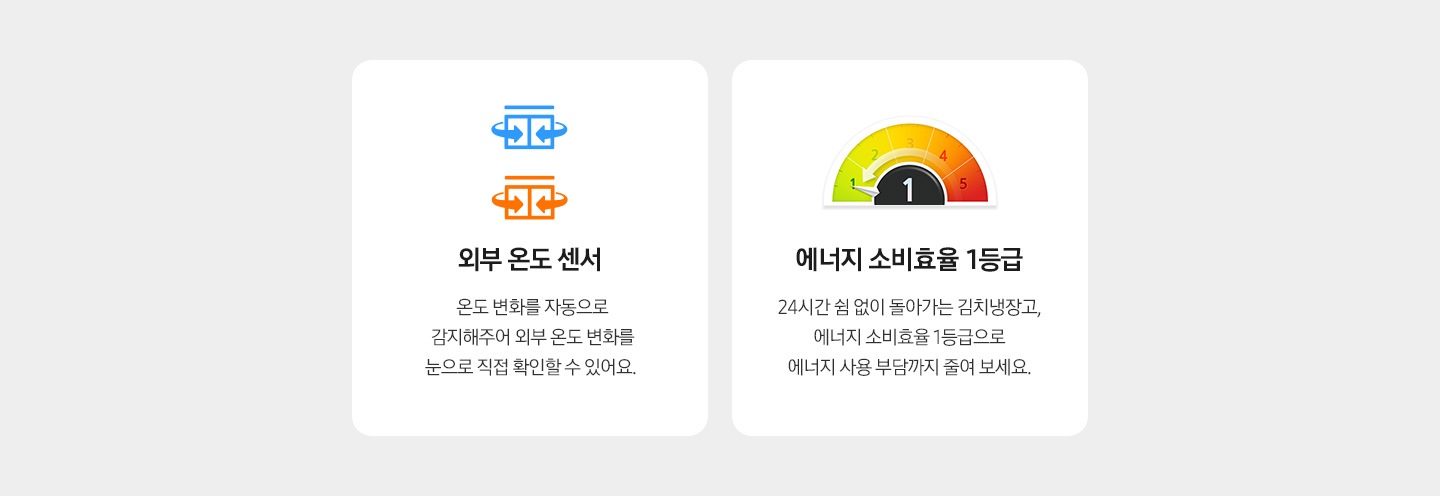 외부 온도 센서. 온도 변화를 자동으로 감지해주어 외부  온도 변화를 눈으로 직접 확인할 수 있어요. 에너지 소비효율 1등급. 24시간 쉼 없이 돌아가는 김치냉장고, 에너지 소비효율 1등급으로 에너지 사용 부담까지 줄여 보세요.