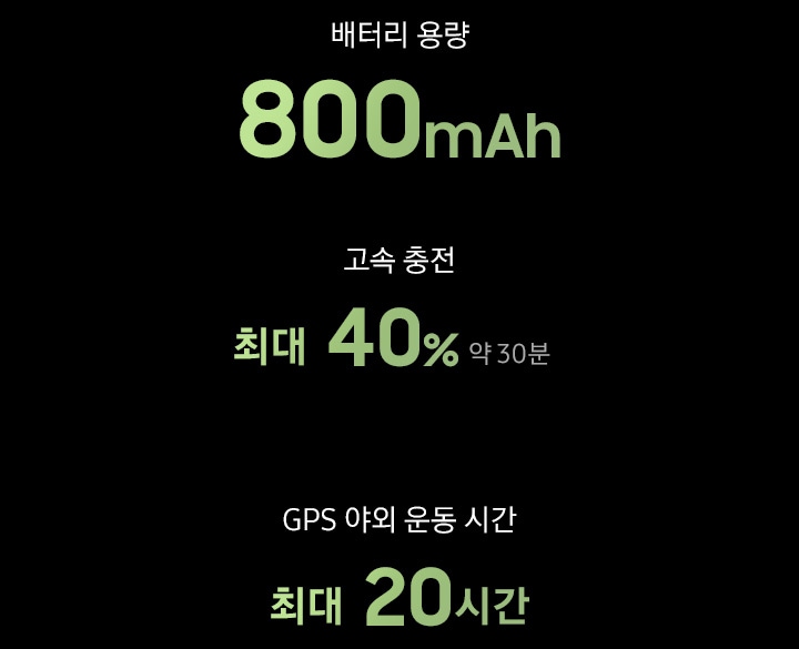 배터리 용량 800mAh, 약 30분 만에 최대 40% 고속 충전, GPS 야외 운동 시간 최대 20 시간 수치가 있습니다.