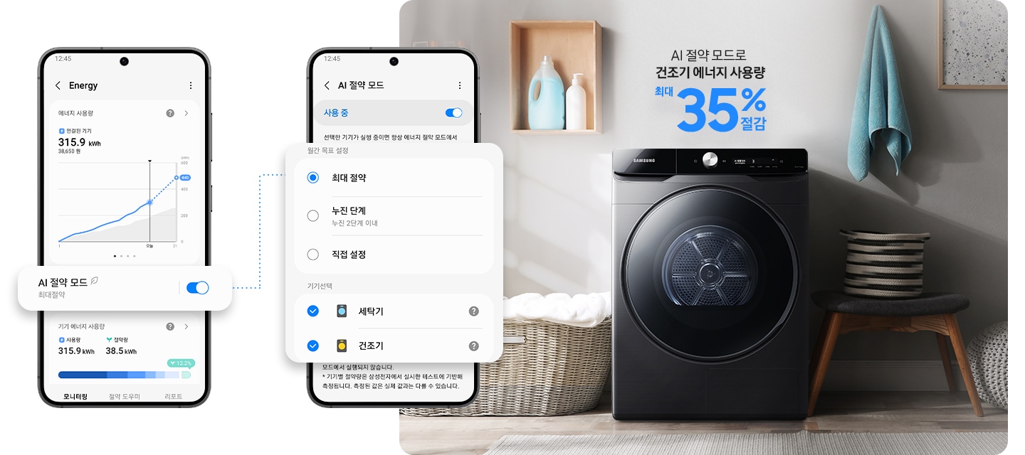 SmartThings 앱 화면과 연출된 인테리어컷이 나와있습니다. 먼저 SmartThings 앱 Energy 화면에서 AI 절약 모드 최대절약 버튼이 활성화된 이미지가 확대되어 있습니다. 우측에는 AI 절약 모드 사용 중 버튼이 활성화된 화면이 나와있으며 에너지 절약 단계 설정 및 기기선택 부분이 확대되어 표시되어 있습니다. 인테리어컷은 중앙에 그랑데 건조기 AI가 설치되어 있고 그 위에 'AI 절약 모드로 건조기 에너지 사용량 최대 35% 절감' 문구가 나와있습니다. 건조기 좌측에는 라탄 바구니 안 하얀 빨랫감이 놓여있고 그 위 벽면에 설치된 작은 우드 수납장에 세제가 놓여있습니다. 건조기 우측에는 의자 위에 소품이 놓여있고 벽면에는 수건과 액자가 걸려있는 연출 이미지입니다.