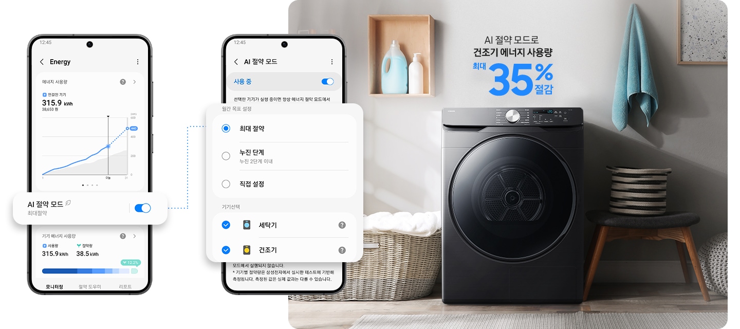 SmartThings 앱 화면과 연출된 인테리어컷이 나와있습니다. 먼저 SmartThings 앱 Energy 화면에서 AI 절약 모드 최대절약 버튼이 활성화된 이미지가 확대되어 있습니다. 우측에는 AI 절약 모드 사용 중 버튼이 활성화된 화면이 나와있으며 에너지 절약 단계 설정 및 기기선택 부분이 확대되어 표시되어 있습니다. 인테리어컷은 중앙에 그랑데 건조기 AI가 설치되어 있고 그 위에 'AI 절약 모드로 건조기 에너지 사용량 최대 35% 절감' 문구가 나와있습니다. 건조기 좌측에는 라탄 바구니 안 하얀 빨랫감이 놓여있고 그 위 벽면에 설치된 작은 우드 수납장에 세제가 놓여있습니다. 건조기 우측에는 의자 위에 소품이 놓여있고 벽면에는 수건과 액자가 걸려있는 연출 이미지입니다.