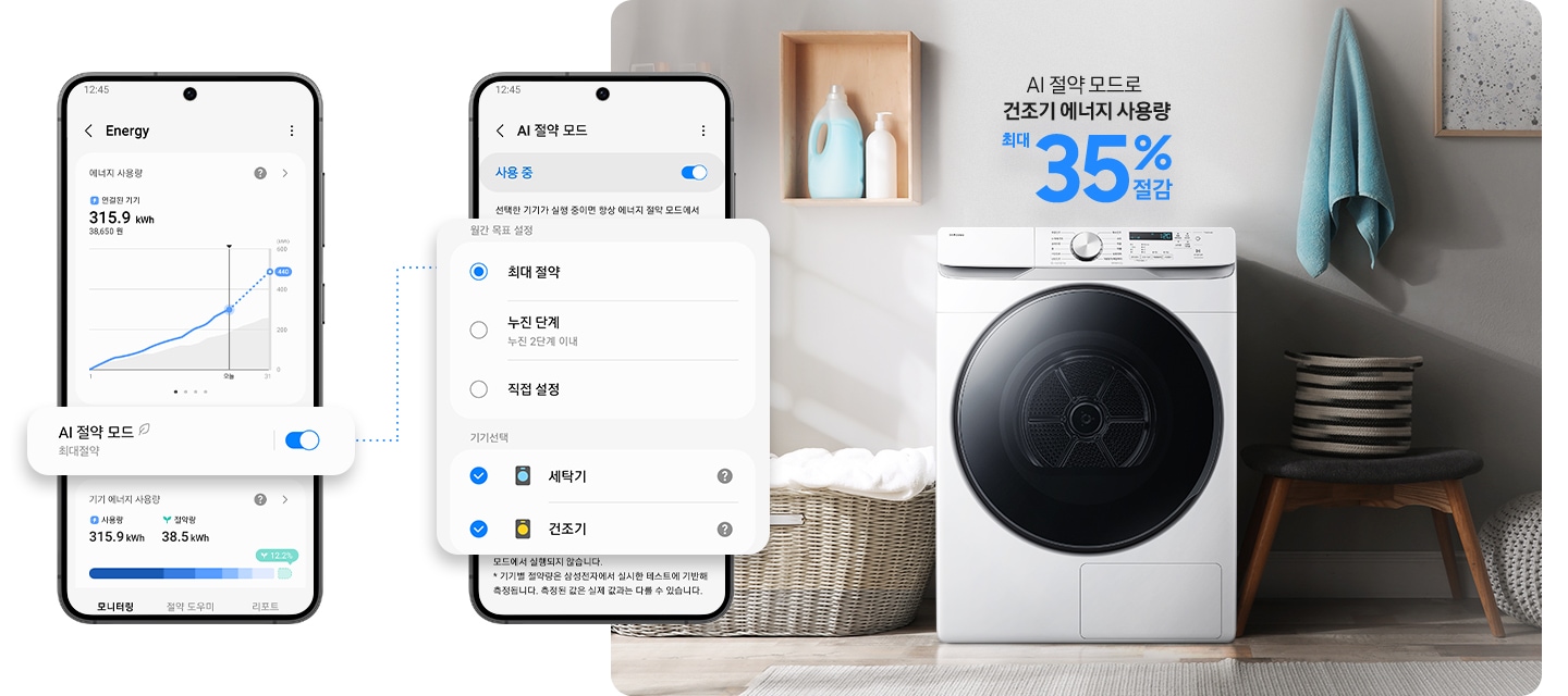SmartThings 앱 화면과 연출된 인테리어컷이 나와있습니다. 먼저 SmartThings 앱 Energy 화면에서 AI 절약 모드 최대절약 버튼이 활성화된 이미지가 확대되어 있습니다. 우측에는 AI 절약 모드 사용 중 버튼이 활성화된 화면이 나와있으며 에너지 절약 단계 설정 및 기기선택 부분이 확대되어 표시되어 있습니다. 인테리어컷은 중앙에 그랑데 건조기 AI가 설치되어 있고 그 위에 'AI 절약 모드로 건조기 에너지 사용량 최대 35% 절감' 문구가 나와있습니다. 건조기 좌측에는 라탄 바구니 안 하얀 빨랫감이 놓여있고 그 위 벽면에 설치된 작은 우드 수납장에 세제가 놓여있습니다. 건조기 우측에는 의자 위에 소품이 놓여있고 벽면에는 수건과 액자가 걸려있는 연출 이미지입니다.