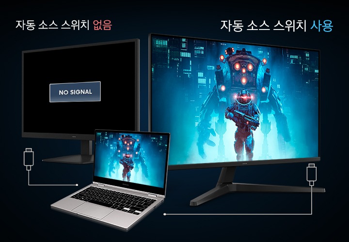 일반 모니터와 오디세이 모니터가 놓여있고, 그 사이에 노트북이 놓여있습니다. 노트북에 띄워져 있는 게임 화면과 오디세이 모니터에 동일한 게임 화면이 띄워져 있으며, 일반 모니터엔 NO SIGNAL이 쓰여 있습니다.