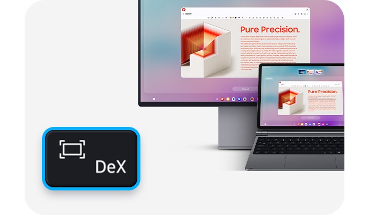 프로 키보드의 DeX 키를 확대한 이미지가 있고, 그 뒤로 놓인 모니터와 갤럭시 탭 화면에 데스크톱 모드가 표시되고 있습니다.