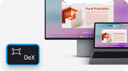 프로 키보드의 DeX 키를 확대한 이미지가 있고, 그 뒤로 놓인 모니터와 갤럭시 탭 화면에 데스크톱 모드가 표시되고 있습니다.