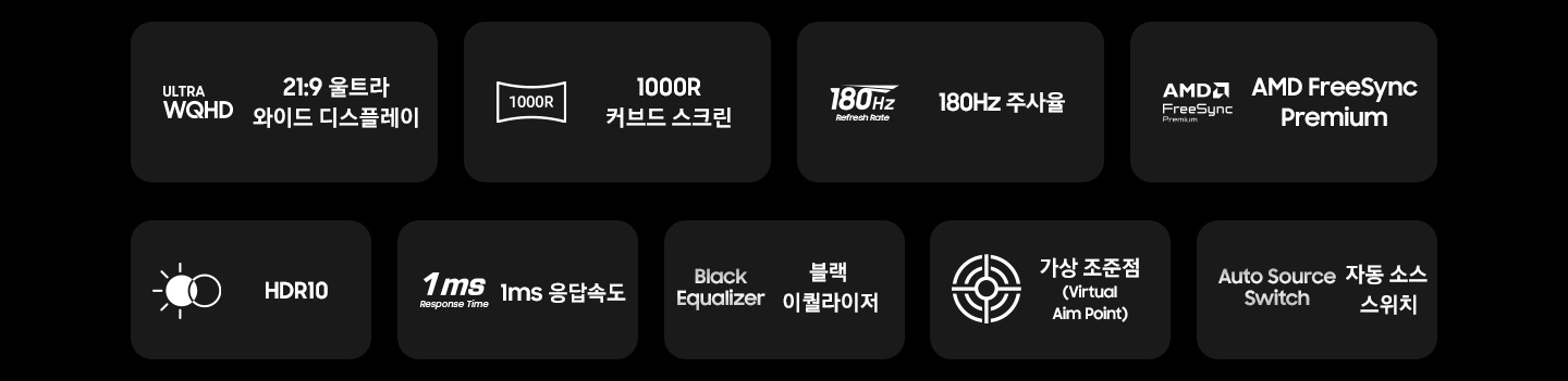 G55H 오디세이 모니터의 특징을 아이콘과 함께 나타냅니다 21:9 울트라 와이드 디스플레이, 1000R 커브드 스크린, 180Hz 주사율, AMD FreeSync Premium, HDR10, 1ms 응답속도, 블랙 이퀄라이저, 가상 조준점, 자동 소스 스위치.
