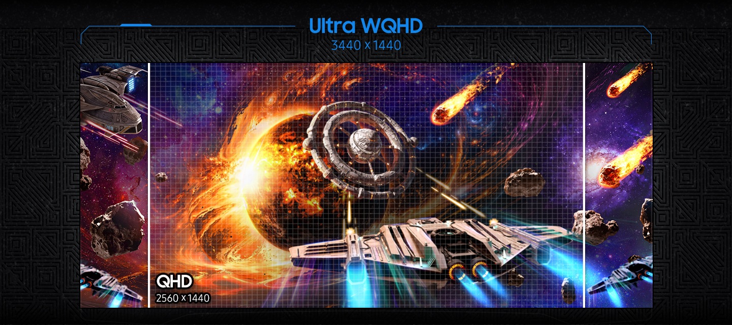게임 화면의 일부는 QHD 해상도로, 일부는 Ultra WQHD 해상도로 차이를 비교하여 나타냅니다. QHD 보다 선명한 Ultra WQHD 해상도를 느낄 수 있습니다.