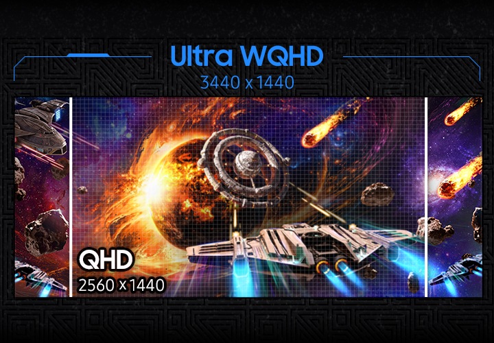 게임 화면의 일부는 QHD 해상도로, 일부는 Ultra WQHD 해상도로 차이를 비교하여 나타냅니다. QHD 보다 선명한 Ultra WQHD 해상도를 느낄 수 있습니다.