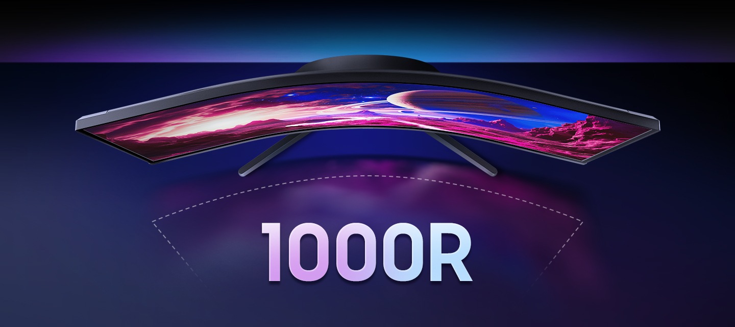오디세이 G5모니터를 조감한 모습을 나타내며 아래에 1000R이 쓰여 있습니다. 1000R 곡률을 나타냅니다.