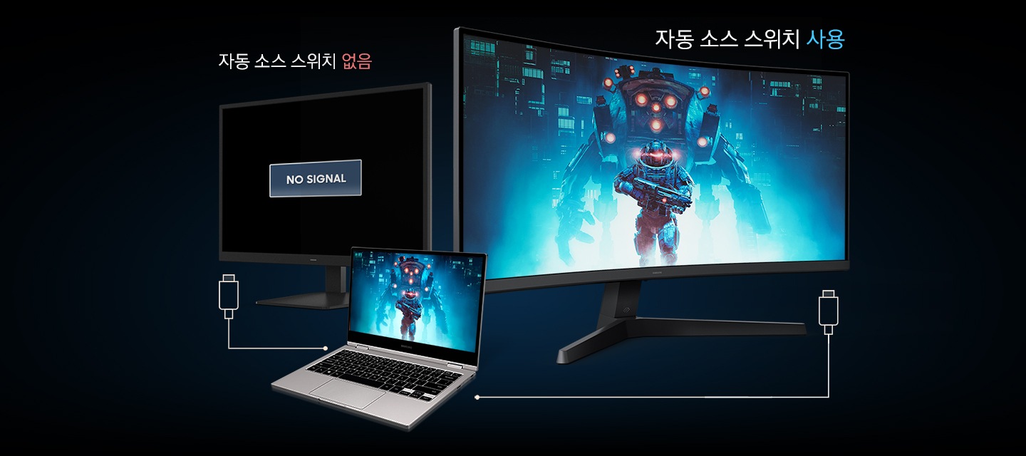 일반 모니터와 오디세이 모니터가 놓여있고, 그 사이에 노트북이 놓여있습니다. 노트북에 띄워져 있는 게임 화면과 오디세이 모니터에 동일한 게임 화면이 띄워져 있으며, 일반 모니터엔 NO SIGNAL이 쓰여 있습니다.