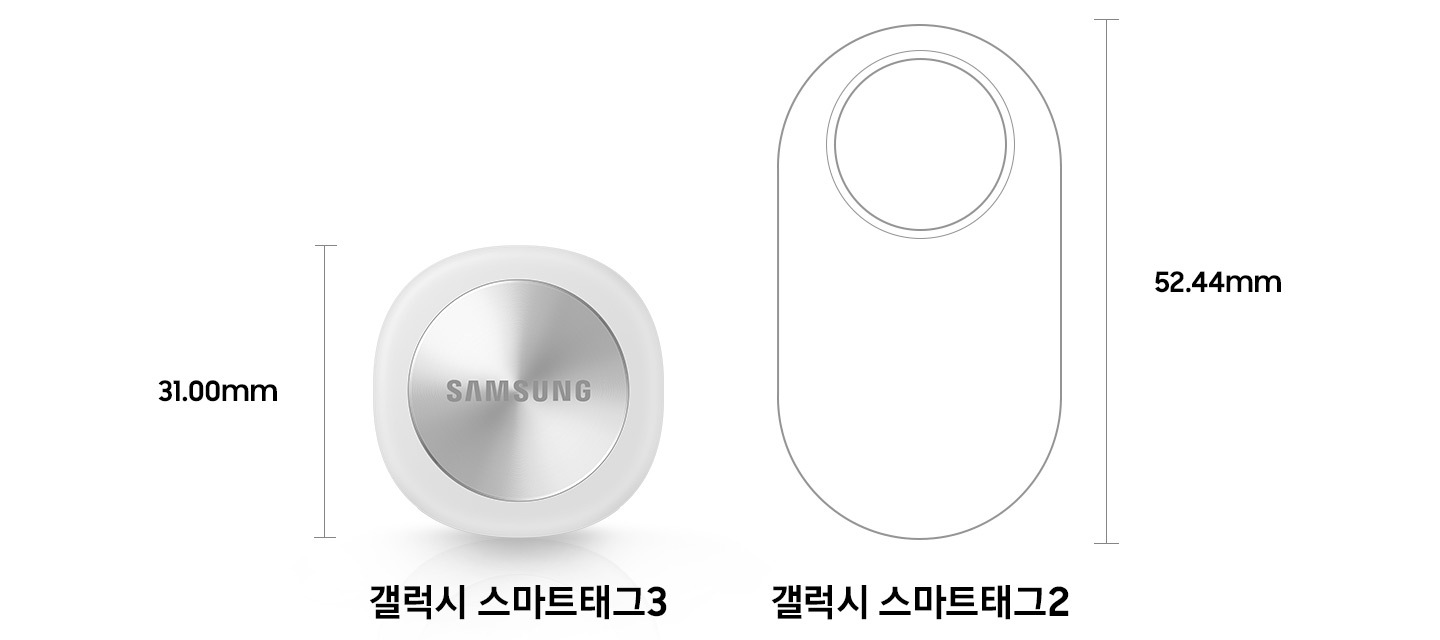 높이 31.00mm의 갤럭시 스마트태그3와 높이 52.44mm의 갤럭시 스마트태그2의 크기를 비교하는 이미지입니다.