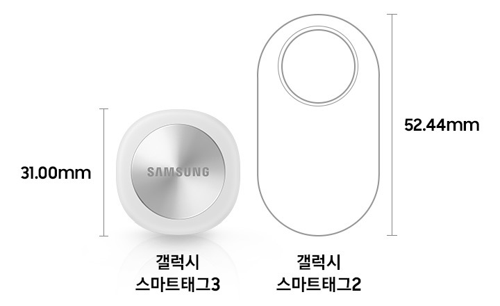 높이 31.00mm의 갤럭시 스마트태그3와 높이 52.44mm의 갤럭시 스마트태그2의 크기를 비교하는 이미지입니다.