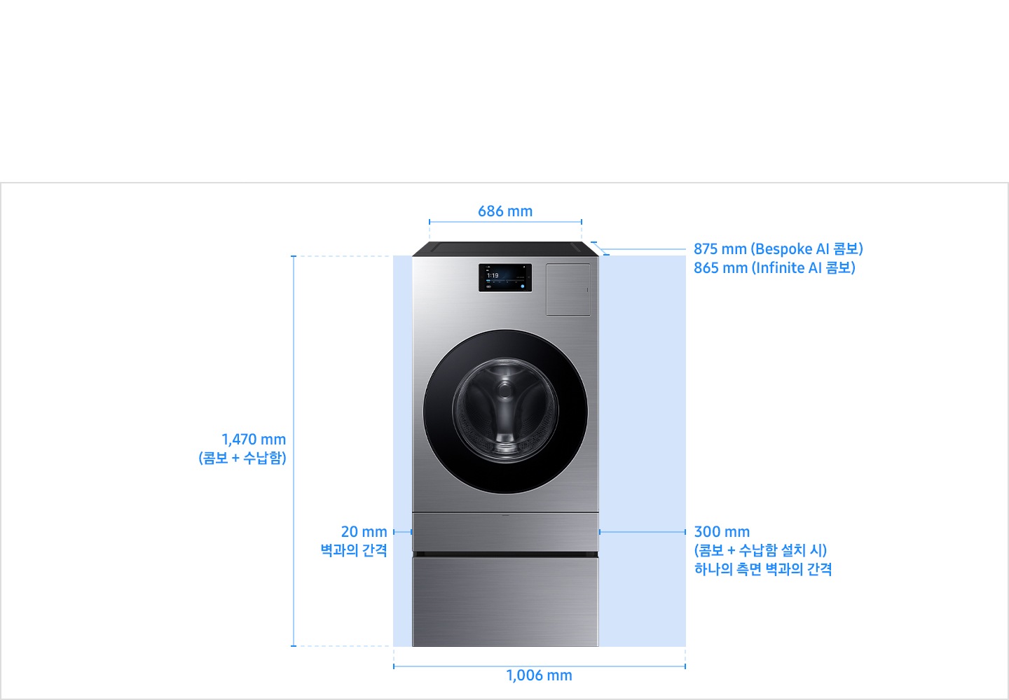 세탁기와 세탁기 하단 수납함이 정면으로 있으며 Bespoke AI 콤보와 Infinite AI 콤보 세탁기 치수를 나타내고 있는 장면입니다.