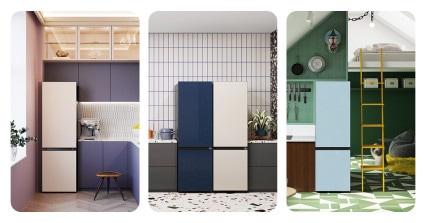 삼성 비스포크 냉장고가 세 가지 다른 종류의 주방에 위치하고 있습니다. 보라색 주방에는 크림색 냉장고가, 하얀색 주방에는 왼쪽은 파란색이고 오른쪽은 하얀색인 양문형 냉장고가 있습니다. 초록색 주방에는 하늘색 냉장고가 있습니다.