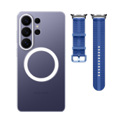 화이트 색상의 갤럭시 S26 울트라 스탠딩 그립 케이스와 블랙 색상의 갤럭시 S25 러기드 케이스 제품입니다.