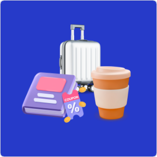 [파란색 배경에 책자 및 쿠폰 디자인이 있고, 텀플러 그리고 여행 캐리어가 놓여져 있습니다.]