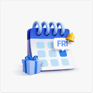 [달력 아이콘이 놓여져 있고, 달력에는 금요일을 뜻하는 FRÍ 약자가 표기 되어 있습니다. 달력 왼쪽 옆으로는 선물 박스가 나란히 놓여져 있습니다.]