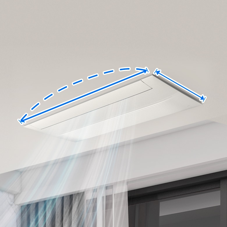 시스템에어컨 설치가이드 배너로 그레이톤 거실에 바람이 나오는 가정형 시스템에어컨이 보여지고 있습니다.