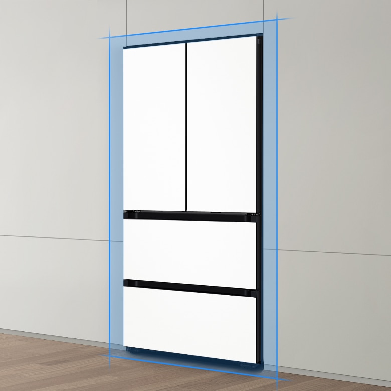 [그레이 계열의 주방 냉장고 장 안에 Bésp~óké Á~Í 김치플러스 4도어 키친핏 Máx~ 제품이 설치되어 있습니다.]