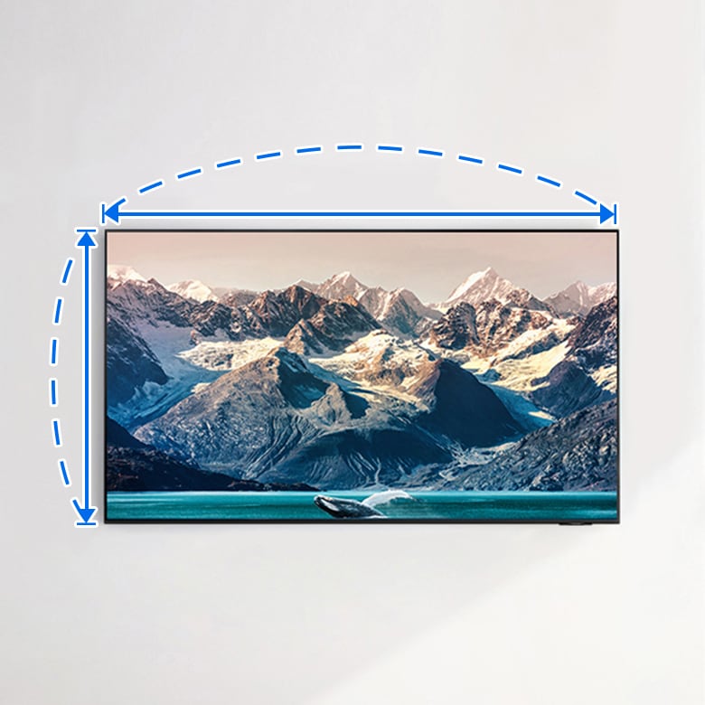 벽걸이형 삼성 TV 화면에 멋진 자연 풍경이 표시되어 있습니다.