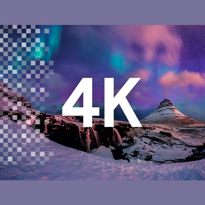 보라색 그래픽 배경 위로 4K 텍스트가 노출되고 있습니다.
