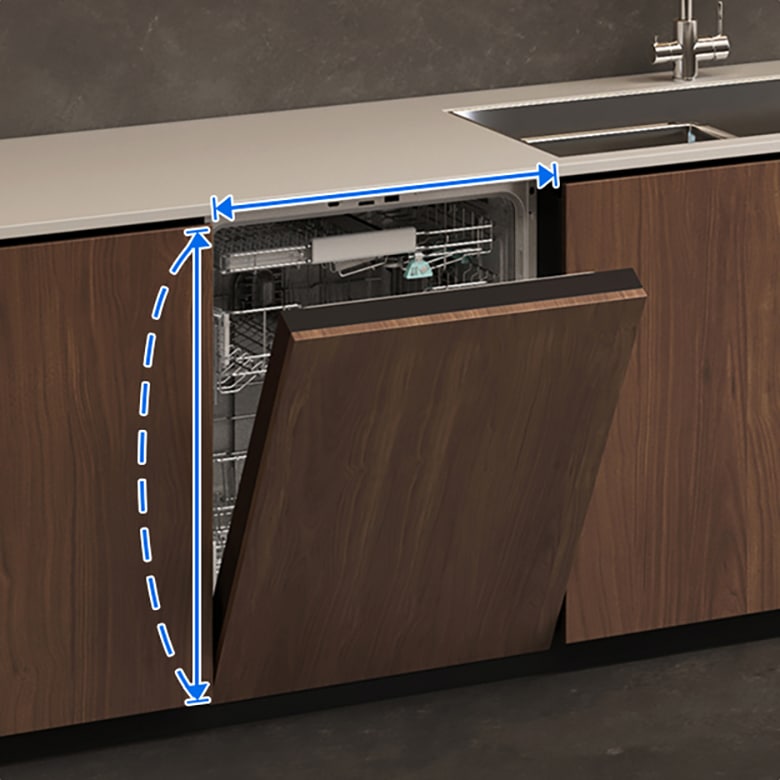 월럿톤 주방에 트루빌트인 식기세척기가 설치되어 있고 파란색 화살표로 표기되어 있습니다.