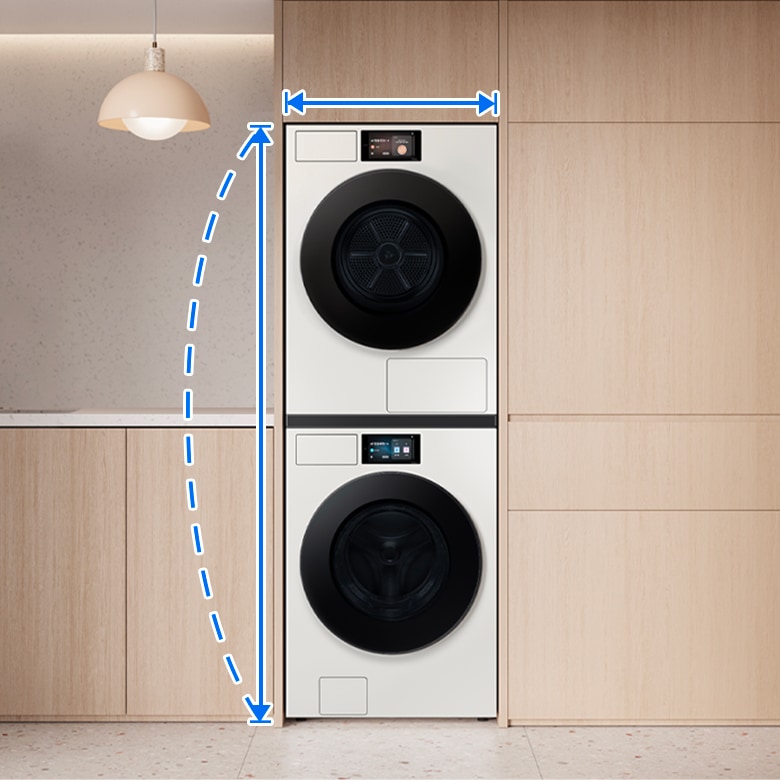 세탁실에 Bespoke AI 세탁기와 Bespoke AI 건조기가 직렬 설치되어 있습니다.