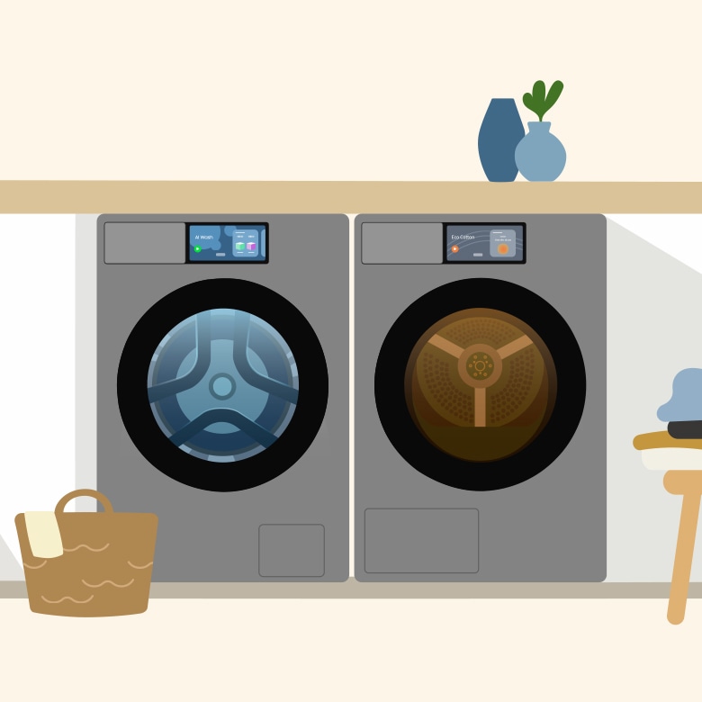 Bespoke AI 세탁기, 건조기가 설치되어 있는 이미지입니다.