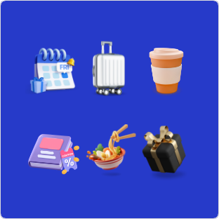 파란색 배경에 책자 및 쿠폰 디자인이 있고, 텀플러 그리고 여행 캐리어가 놓여져 있습니다.