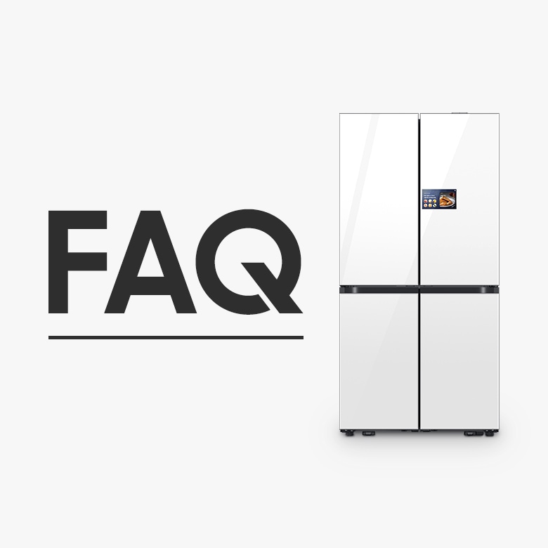 하얀 바탕에 흰색 삼성전자 Bespoke AI 하이브리드 AI 홈 냉장고 제품과 FAQ 글씨가 보입니다.