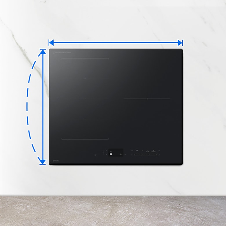Infinite AI 인덕션이 주방 아일랜드 상판에 설치되어 있고 파란색 화살표로 표기되어 있습니다.