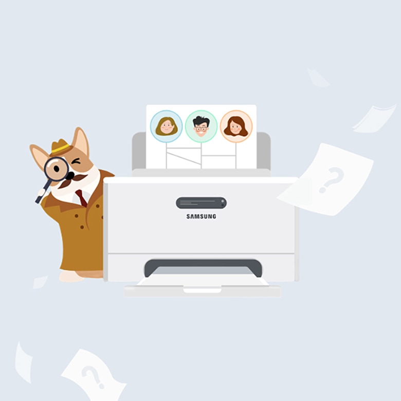 회색 배경에 출력중인 프린터가 보입니다. 프린터의 왼쪽에는 강아지가 탐정 옷을 입고 돋보기를 눈에 갖다 대고 있으며, 주변에는 종이가 흩날리고 있습니다.