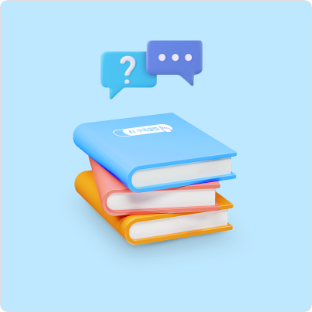 [하늘색 배경에 책이 겹겹이 쌓여 있고, 그 위로 물음표, 텍스트 말풍선 아이콘이 띄워져 있습니다.]
