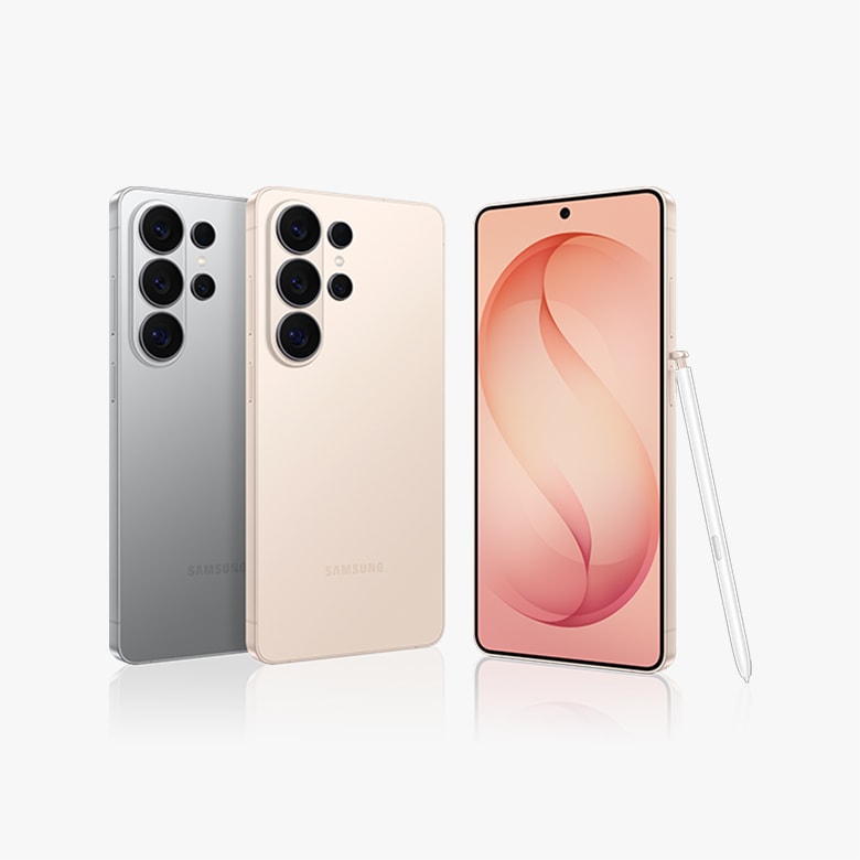 삼성닷컴 전용 컬러인 핑크 골드, 실버 쉐도우 색상의 갤럭시 S26 울트라 제품 이미지입니다.