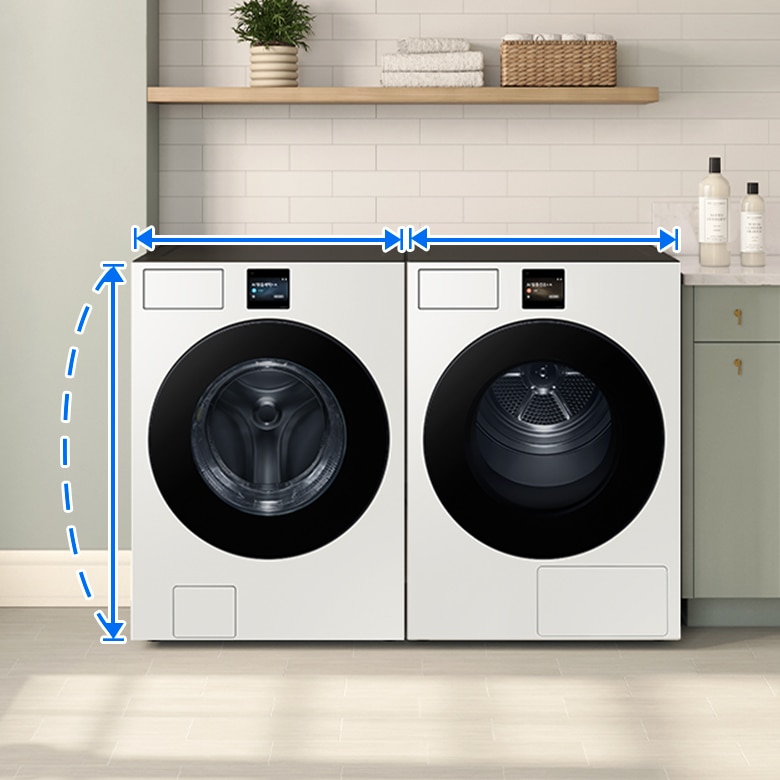 세탁실에 Bespoke AI 세탁기와 Bespoke AI 건조기가 병렬 설치되어 있습니다.