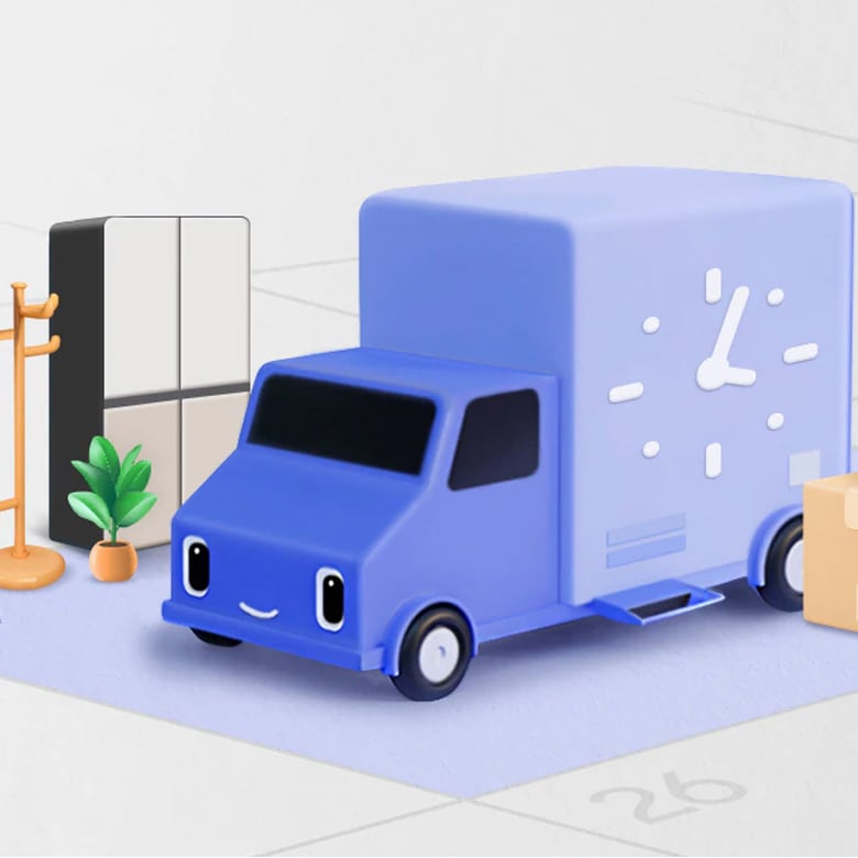 [헤드라이트가 눈이고 옆면에 시계가 있는 트럭이 달력 모양 바닥에 냉장고와 스탠드형 옷걸이와 화분과 택배박스 2개가 함께 있습니다.]