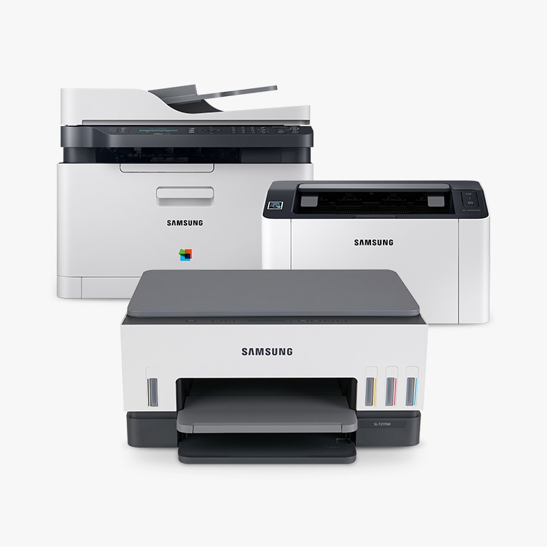 회색 배경에 삼성 프린터 및 복합기 3대가 나열되어 있습니다.
