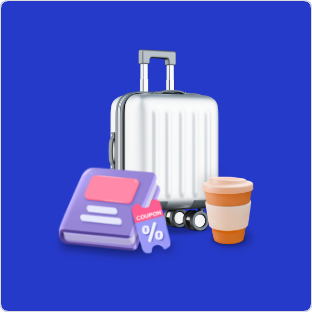 [파란색 배경에 책자 및 쿠폰 디자인이 있고, 텀플러 그리고 여행 캐리어가 놓여져 있습니다.]