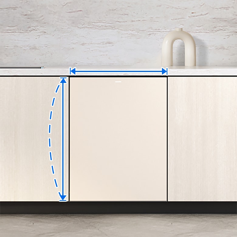 아이보리톤의 주방에 빌트인 식기세척기가 설치되어있고 파란색 화살표로 표기되어 있습니다.