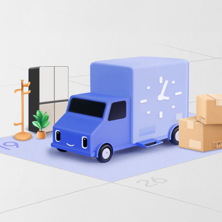 헤드라이트가 눈이고 옆면에 시계가 있는 트럭이 달력 모양 바닥에 냉장고와 스탠드형 옷걸이와 화분과 택배박스 2개가 함께 있습니다.