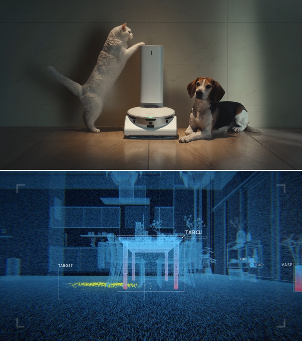 펫 가전과 인공지능 가정용 서비스 구현 화면 개와 고양이가 로봇청소기 옆에 있는 모습