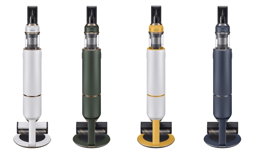 삼성전자 비스포크 제트 무선청소기가 청정스테이션 일체형 거치대에 거치된 모습 정면(색상은 좌측부터 미스티 화이트·우디 그린·썬 옐로우·미드나잇 블루)