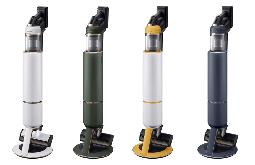 삼성전자 비스포크 제트 무선청소기가 청정스테이션 일체형 거치대에 거치된 모습 측면(색상은 좌측부터 미스티 화이트·우디 그린·썬 옐로우·미드나잇 블루)