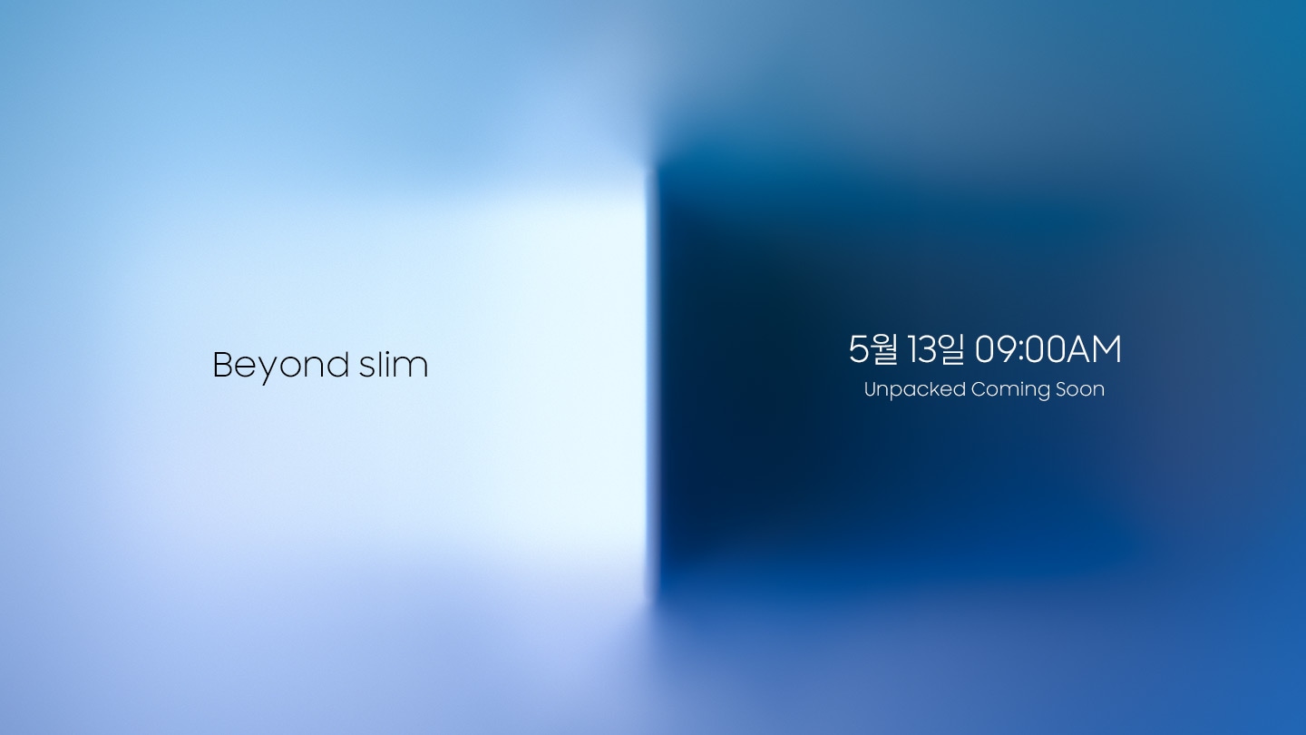문구 'Beyond Slim'과 '5월 13일 09시 삼닷 Live Coming Soon'이 적혀있고, 얇은 직사각형 모양이 표면을 향해 밀려오는 이미지