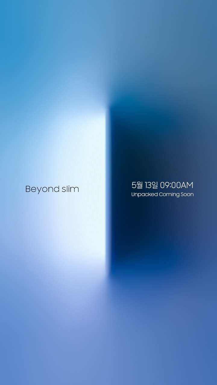 문구 'Beyond Slim'과 '5월 13일 09시 삼닷 Live Coming Soon'이 적혀있고, 얇은 직사각형 모양이 표면을 향해 밀려오는 이미지