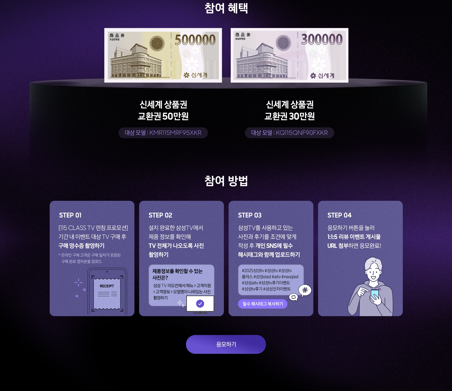 참여 혜택 / 신세계 상품권 교환권 50만원 / 대상 모델 : KMR115MRF95XKR / 신세계 상품권 교환권 30만원 / 대상 모델 : KQ115QNF90FXKR / 참여 방법