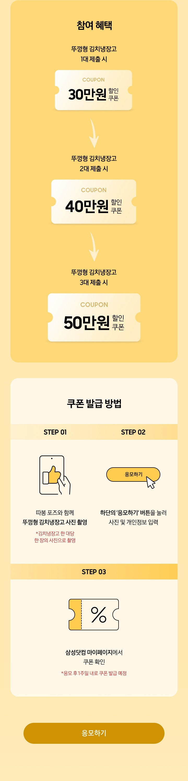 참여 혜택 / COUPON 30만원 - 할인 쿠폰 / COUPON 40만원 - 할인 쿠폰 / COUPON 50만원 - 할인 쿠폰 / 쿠폰 발급 방법 / STEP 01- 따봉 포즈와 함께 뚜껑형 김치냉장고 사진 촬영 / STEP 02 - 하단의 ‘응모하기‘ 버튼을 눌러 사진 및 개인정보 입력 / STEP 03 - 삼성닷컴 마이페이지에서 쿠폰 확인