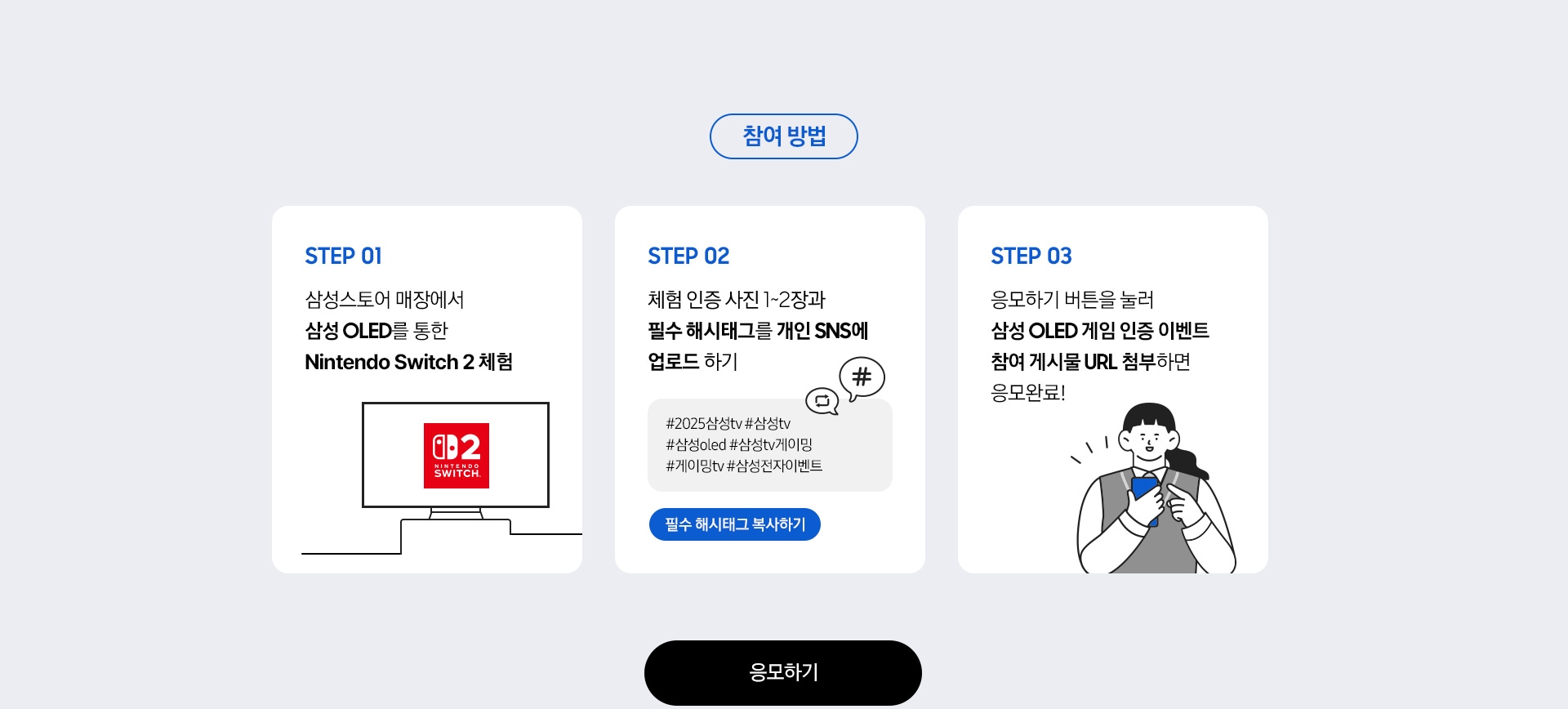 참여 방법 / STEP 01 / 삼성스토어 매장에서  삼성 OLED를 통한  Nintendo Switch 2 체험 / STEP 02 / 체험 인증 사진 1~2장과 필수 해시태그를 개인 SNS에 업로드 하기 / STEP 03 - 응모하기 버튼을 눌러 삼성 OLED 게임 인증 이벤트 참여 게시물 URL 첨부하면  응모완료! 