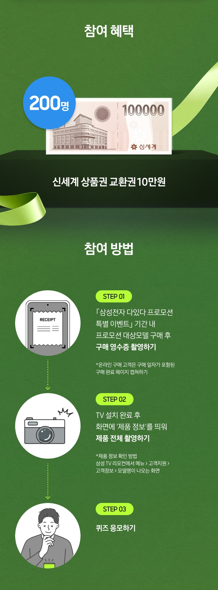 참여 혜택 / 신세계 상품권 교환권 10만원 / 200명 / 참여 방법 / STEP 01 / 「삼성전자 다있다 프로모션 특별 이벤트」 기간 내 프로모션 대상모델 구매 후 / *온라인 구매 고객은 구매 일자가 포함된 구매 완료 페이지 캡쳐하기 / STEP 02 / TV 설치 완료 후 화면에 '제품 정보'를 띄워 제품 전체 촬영하기 / *제품 정보 확인 방법 삼성 TV 리모컨에서 메뉴 > 고객지원 > 고객정보 > 모델명이 나오는 화면 / STEP 03 / 영상 시청 완료 후 퀴즈 응모하기