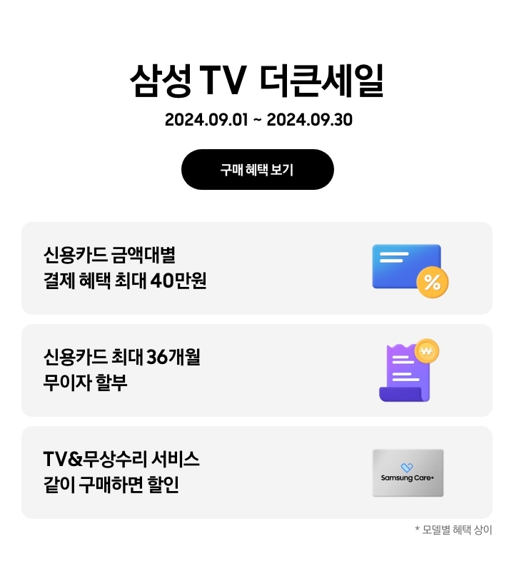 삼성 TV 더큰세일 2024.09.01~2024.09.30 구매 혜택 보기. 
신용카드 금액대별 결제 혜택 최대 40만원, % 뱃지가 붙어있는 파란색 카드.
신용카드 최대 36개월 무이자 할부, 보라색 영수증 아이콘과 노란색 태그.
TV&무상수리 서비스 같이 구매하면 할인, 삼성케어플러스 아이콘.
모델별 혜택 상이.