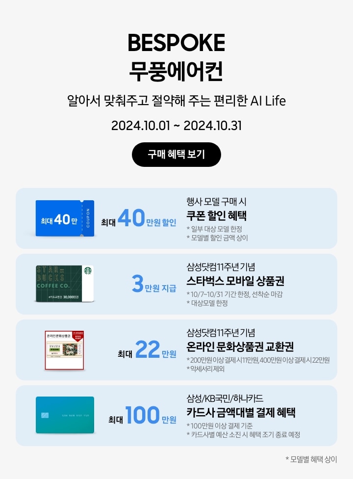 BESPOKE 무풍에어컨 알아서 맞춰주고 절약해 주는 편리한 AI Life 2024.10.01~2024.10.31 구매 혜택 보기 행사모델 구매 시 쿠폰 할인 혜택 최대 40만원 할인, 일부 대상 모델 한정, 모델별 할인금액 상이, 파란색 최대 40만 COUPON 삼성닷컴 11주년 기념 스타벅스 모바일 상품권 3만원 지급, 10/7~10/31 기간 한정, 선착순 마감, 대상모델 한정 삼성닷컴 11주년 기념 온라인 문화상품권 교환권, 200만원 이상 결제 시 11만원, 400만원 이상 결제 시 22만원, 악세서리 제외 삼성/KB국민/하나카드 카드사 금액대별 결제일할인 최대 100만원, 100만원 이상 결제 기준, 카드사별 예산 소진 시 혜택 조기 종료 예정, 초록색 그라데이션 카드